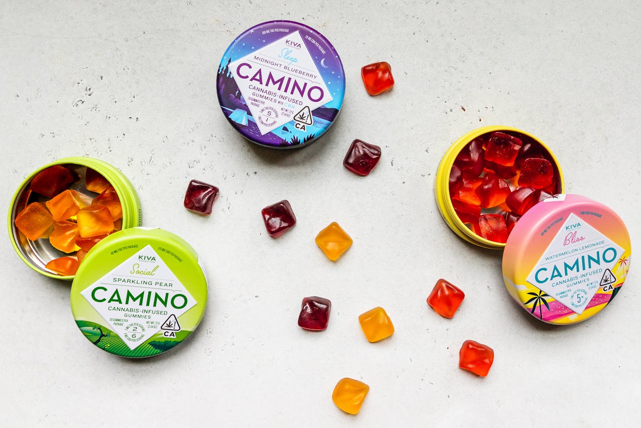 Three open tins of Kiva Camino cannabis-infused gummies in blueberry, sparkling pear, and watermelon lemonade flavors
